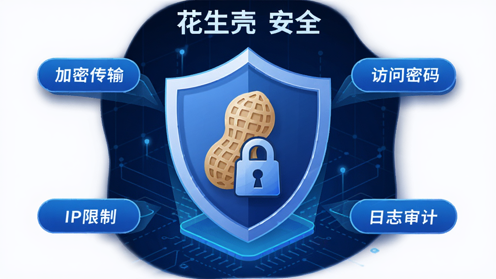 花生壳安全防护主题图,画面中央是一个盾牌形状的图标,盾牌表面有花生壳Logo和锁形图案,盾牌周围环绕着“加密传输”“访问密码”“IP限制”“日志审计”四个小标签,背景为深蓝色科技网格,风格为安全主题插画,细节清晰,画质干净,图片中文字标注“花生壳 安全”