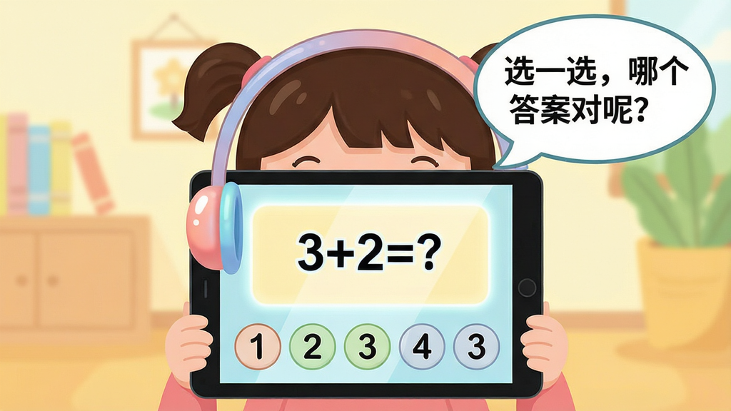 儿童数学启蒙教育语音引导功能展示,画面中央是一个卡通小女孩戴着耳机面对平板电脑,平板屏幕显示一道