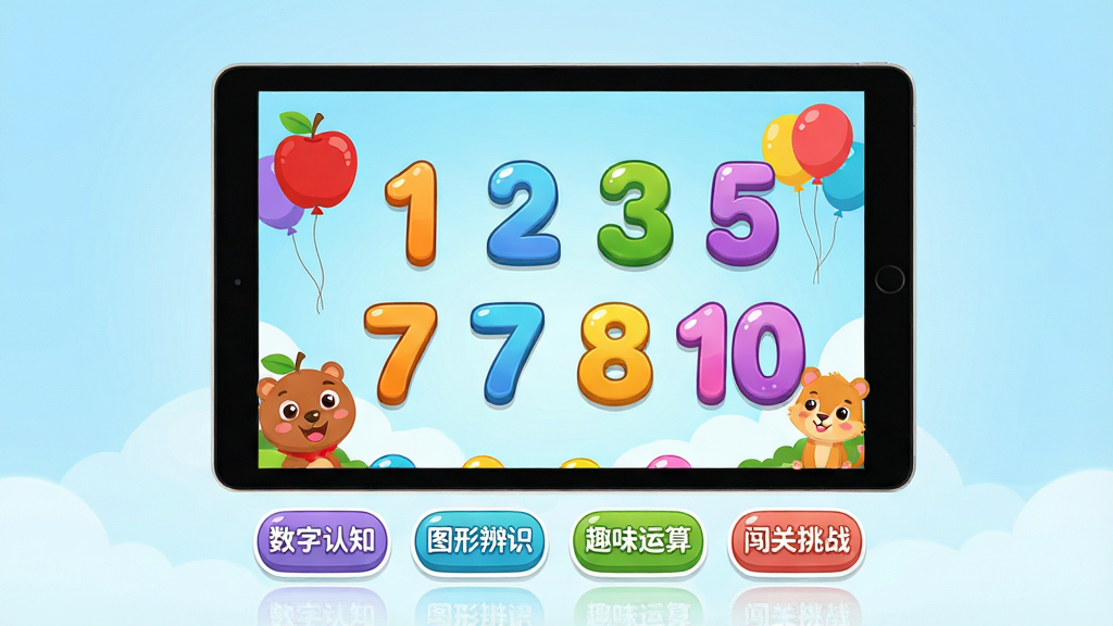 儿童数学启蒙教育软件主界面全貌展示,画面中央是一块明亮的平板电脑屏幕,屏幕上显示色彩鲜艳的卡通数字1到10整齐排列,周围环绕着苹果、气球、小动物等计数元素,屏幕下方有四个圆角功能按钮分别标注