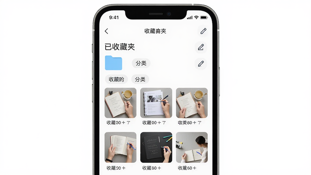 д����APP�����ղؼ�ҳ�棬����Ϊ�ֻ����棬����Ϊ�ļ����б������ղط�������ͼ���Ű��࣬���Ϊ����ѧϰ������Ӧ�ã�ϸ�ڰ����ղ�ʱ�䡢�����ǩ���༭��ť�������������ɾ����޶���Ԫ��