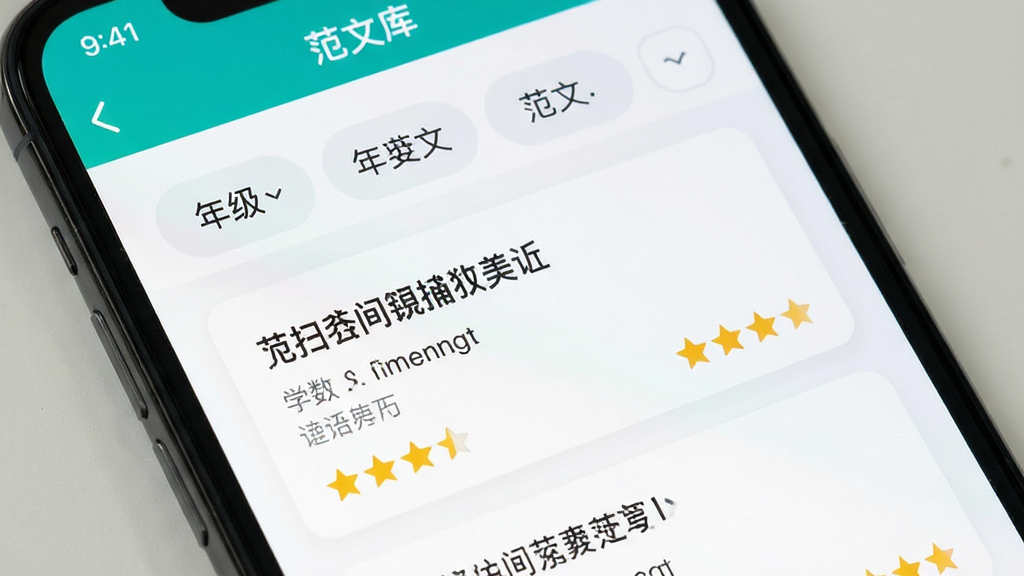 �ֻ���Ļ��д��չʾд����APP�ķ��Ŀ�ҳ�棬����Ϊ�����ǩ�ͷ��Ŀ�Ƭ�б�������Ϊ���¹���ʽ���Ű����룬���Ϊ����ѧϰ����棬ϸ�ڰ����꼶ɸѡ�������ı��⡢������ע�������Ǽ��������������ɾ����޶���Ԫ��