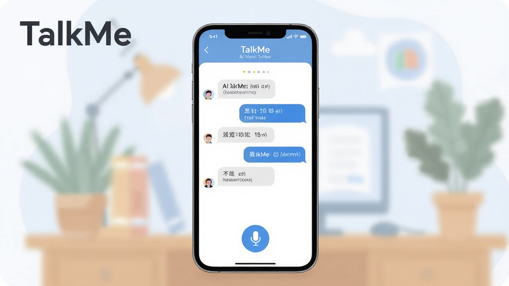 一张展示TalkMe软件核心界面的横版宣传图,画面中央是一部智能手机,屏幕显示TalkMe的AI对话陪练界面,有对话气泡和麦克风按钮,背景是柔和的学习场景插画,风格简洁现代,画质清晰干净,无多余元素,图片中文字标注