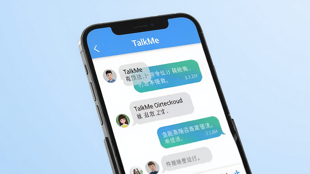 一张展示TalkMe智能对话功能的手机界面图,画面中手机屏幕显示AI与用户的对话记录,顶部有