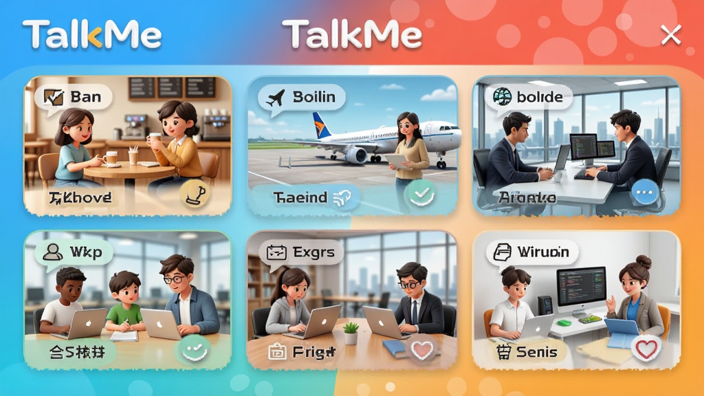 一张展示TalkMe多场景角色扮演功能的宣传图,画面中有多个对话场景卡片,如咖啡厅、机场、办公室等,每张卡片上标注场景名称,整体风格活泼明快,图片中带有