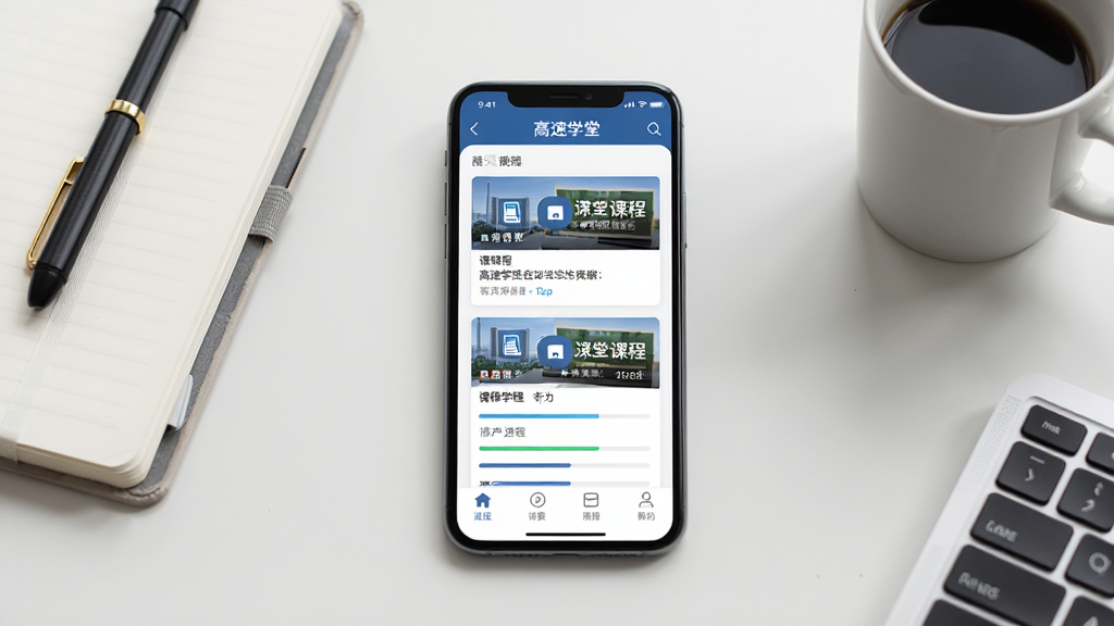 一张展示高速学堂在线学习场景的图片,主体是一部智能手机放在桌面上,屏幕显示高速学堂课程列表页面,界面中有课程卡片和进度条,背景是整洁的办公桌面,布局采用中心构图,手机居中放置,周围有笔记本和咖啡杯作为点缀,风格为现代简约商务风,细节上屏幕内容清晰可见,图标和文字排版整齐,画质高清,画面干净,无多余元素