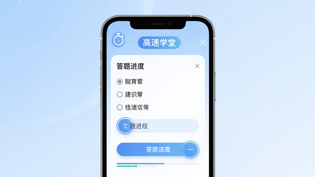 一张展示高速学堂题库练习界面的图片,主体是手机屏幕显示高速学堂的答题页面,屏幕中有单选题选项和答题进度提示,布局为手机竖屏居中展示,背景是柔和的浅蓝色渐变,风格为清爽教育科技风,细节上选项按钮圆润清晰,顶部有计时器图标,画质高清,画面干净,无多余元素