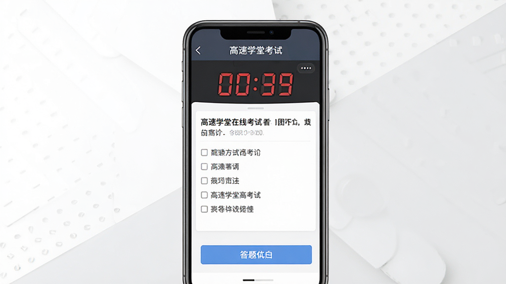 一张展示高速学堂在线考试界面的图片,主体是手机屏幕显示高速学堂考试答题页面,屏幕上方有倒计时和考试名称,中间是题目和选项,布局为手机竖屏居中展示,背景是简洁的白色与淡灰色搭配,风格为严肃考试氛围,细节上倒计时数字醒目,答题卡按钮清晰可见,画质高清,画面干净,无多余元素