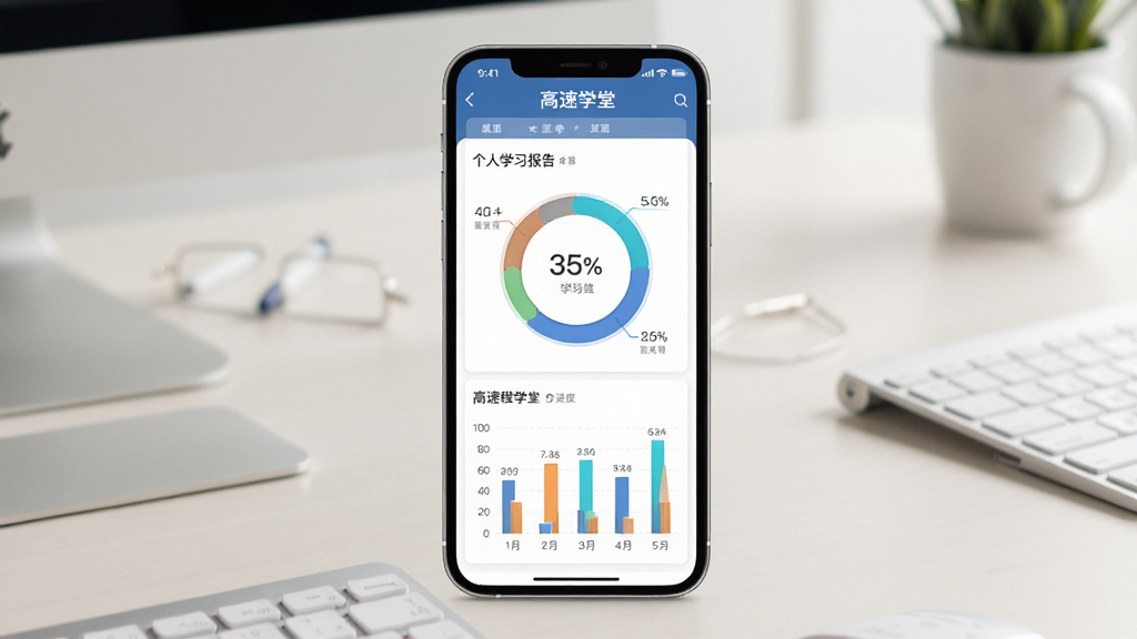 一张展示高速学堂学习进度统计页面的图片,主体是手机屏幕显示高速学堂个人学习报告页面,屏幕中有环形进度图和柱状统计图,布局为手机竖屏居中展示,背景是浅色办公桌面,风格为数据可视化商务风,细节上图表颜色分明,数据标签清晰,画质高清,画面干净,无多余元素