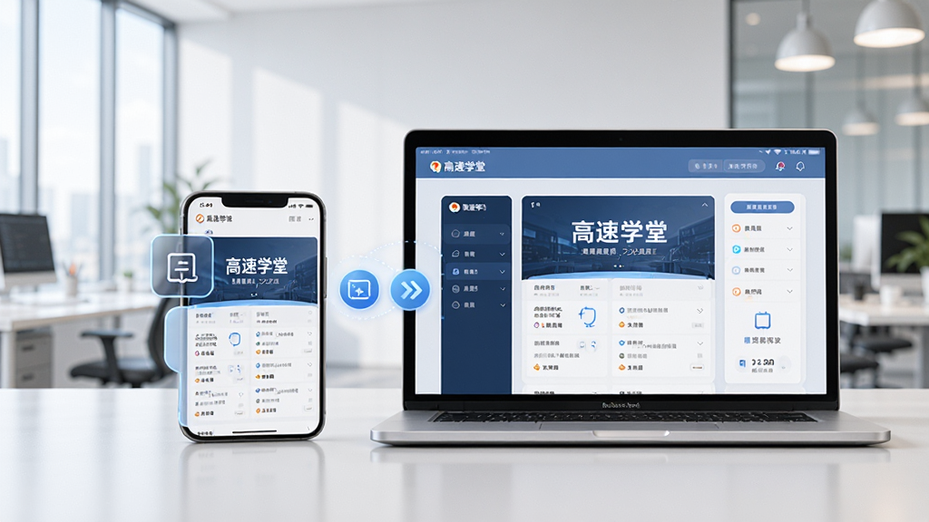一张展示高速学堂多端同步学习概念的图片,主体是手机和笔记本电脑并排放在桌面上,两块屏幕都显示高速学堂的学习界面,布局为左右对称构图,背景是明亮的现代办公环境,风格为科技商务风,细节上屏幕内容一致,有同步箭头图标连接两台设备,画质高清,画面干净,无多余元素