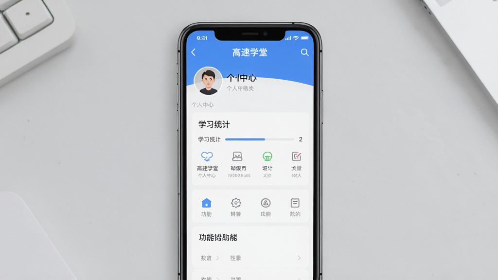 一张展示高速学堂手机端操作界面的图片,主体是手机屏幕显示高速学堂个人中心页面,屏幕中有头像、学习统计和功能菜单,布局为手机竖屏居中展示,背景是浅灰色桌面,风格为简洁实用风,细节上菜单图标清晰,文字排版整齐,画质高清,画面干净,无多余元素