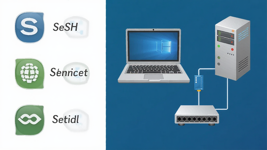 一张以 SecureCRT 多协议连接为主题的示意图,画面左侧列出 SSH、Telnet、Serial 等协议图标,右侧是一台笔记本电脑与服务器、交换机相连的拓扑结构,风格简洁科技感,布局清晰,细节到位,画质干净,无多余元素