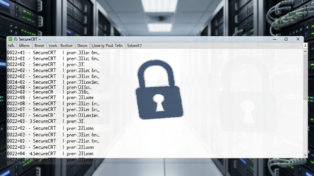 一张以 SecureCRT 日志与安全为主题的图片,画面中显示日志文件列表与加密锁图标,背景为服务器机柜的虚化影像,风格稳重专业,布局简洁,细节清晰,画质干净,无多余元素