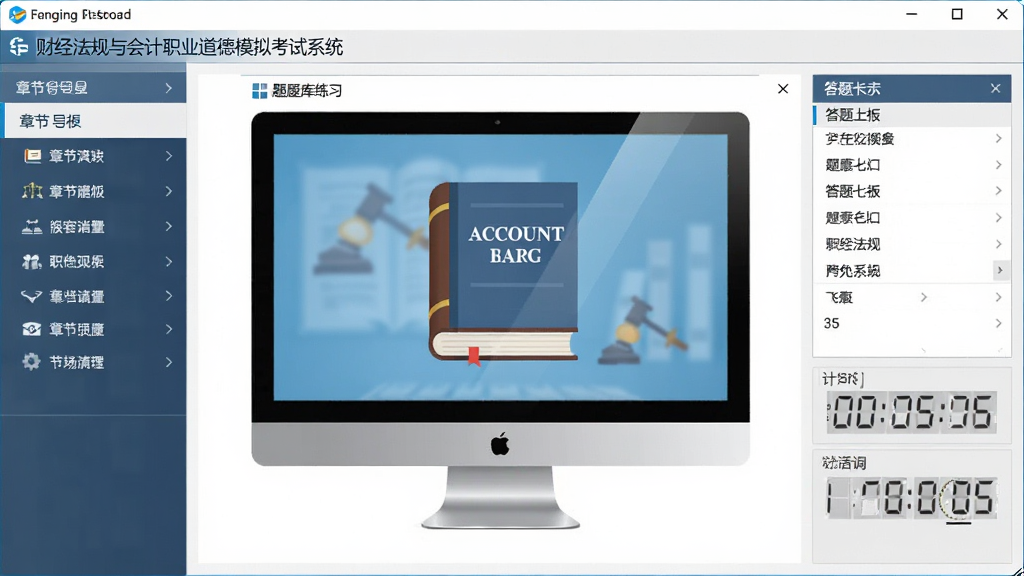 财经法规与会计职业道德模拟考试系统 软件主界面 中央是题库练习窗口 左侧为章节导航栏 右侧显示答题卡和计时器 整体布局清晰 排版整齐 风格为简洁商务风 细节包含会计法规书籍图标和电脑屏幕 画质清晰 干净 无多余元素