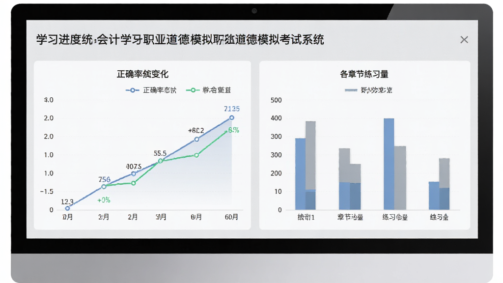 财经法规与会计职业道德模拟考试系统 学习进度统计页面 折线图展示正确率变化 柱状图展示各章节练习量 风格浅灰质感 细节包含数据图表和统计数字 画质清晰 干净 无多余元素