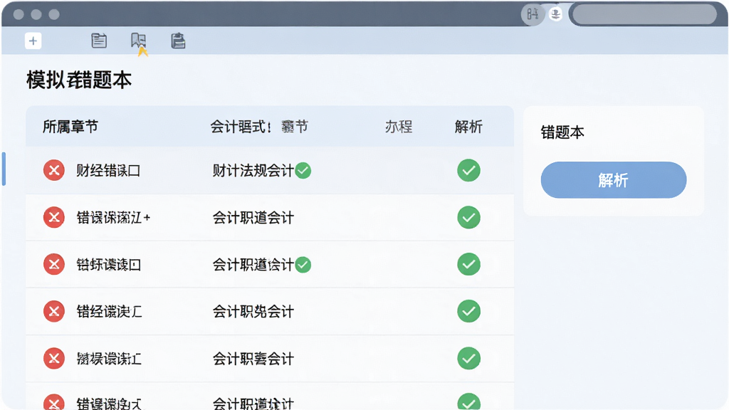 财经法规与会计职业道德模拟考试系统 错题本页面 列表展示错题及所属章节 右侧有解析按钮 风格清新浅色 细节包含红色标记的错误图标和绿色正确图标 画质清晰 干净 无多余元素