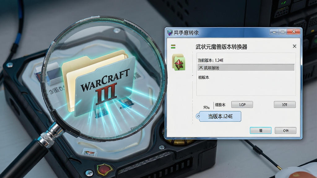 һ��AI��ͼ������������һ���Ŵ�����ɨ�����Ӳ���е���Ϸ�ļ��У��ļ����ϱ��С�Warcraft III���������Ա߸��ֳ�����״Ԫħ�ް汾ת�������ļ�ⴰ�ڣ���ʾ����ǰ�汾��1.24E��������Ϊ�Խ��߹�ͼ�����Ϊдʵ�Ƽ��磬ϸ�ڰ���ɨ���Ч�Ͱ汾�ű�ǩ�����ʸ��壬�ɾ����޶���Ԫ��