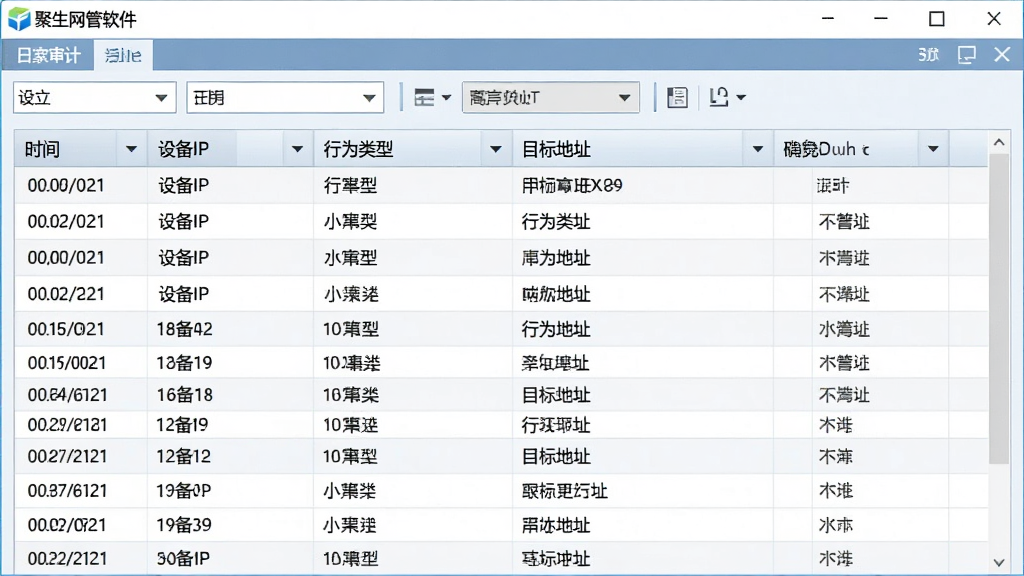 聚生网管软件日志审计界面,画面展示表格形式的记录列表,包含时间、设备IP、行为类型、目标地址等字段,界面采用浅色背景与清晰的分栏设计,顶部有筛选工具栏,整体布局规范整洁,商务办公风格,高清画质,干净无多余元素