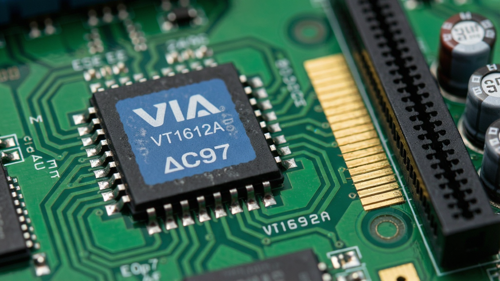 һ��չʾ��ʽ������������оƬ��д��ͼƬ������Ϊ��ɫPCB��·���Ϻ��ӵ�VIA VT1612A����оƬ��оƬ����ӡ��VIA��־��AC97���������ֲ���΢�ษ���ӽǣ�оƬλ�ڻ�������ƫ���Ҳ�¶������ָ��������Ԫ�����Ű���оƬռ�ݻ�������֮һ����������黯���������Ϊ�Ƽ�дʵ��Ӱ��ϸ�ڰ���оƬ���ź��㡢��·��������������˿ӡ���֣����������������ɾ��޶���Ԫ�أ������в����κ�����ˮӡ