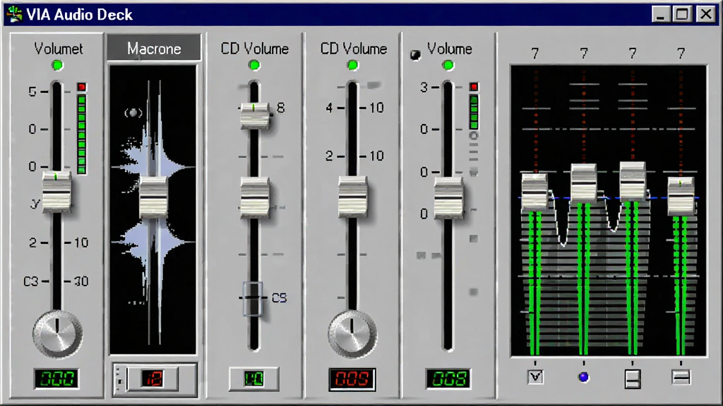 һ��չʾ��Ƶ�����������ͼƬ������ΪVIA Audio Deck�������ڣ����������������Ρ���˷硢CD�����Ȼ��飬����Ϊ�������е�ͨ�������Ҳ��о�����ͼ�Σ��Ű��ϻ�������ռ���������֮�������Ϊ����WindowsӦ�ý��棬ϸ�ڰ���������ť��������ɫ��ƽָʾ�ơ����̶ֿȣ������������ɾ��޶���Ԫ��