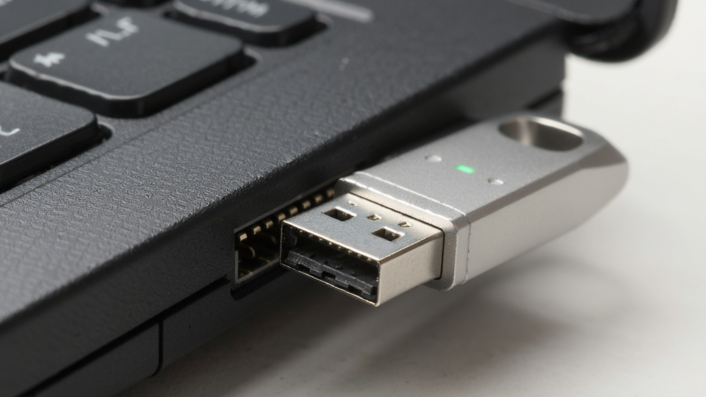 һ��չʾU�̲�����ʽ�ʼǱ����Բ���USB�ӿڵ�ͼƬ������Ϊ��ɫU�����ɫ�ʼǱ�USB�˿���д�����ֲ���б�෽�ӽǣ�U�̽���������ӿ��ڲ���������ɼ����Ű���U��ռ�ݻ������ģ�����Ϊ�ʼǱ����̲������򣬷��Ϊ�����Ʒ��Ӱ��ϸ�ڰ���USB�ӿ��ڵĵ�Ƭ��U��ָʾ��΢�⡢�ʼǱ����ĥɰ�����������������ɾ��޶���Ԫ��