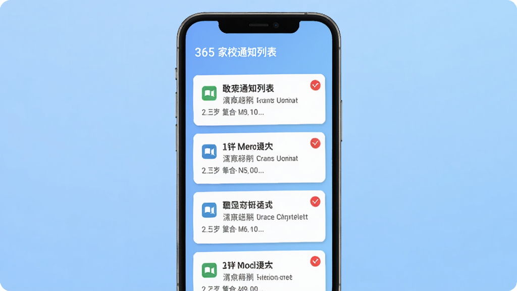 Education 365 家校通知列表页面,手机屏幕显示多条通知卡片,带有未读红点标记,背景为柔和渐变蓝色,扁平化设计风格,文字清晰,画质干净,无多余元素