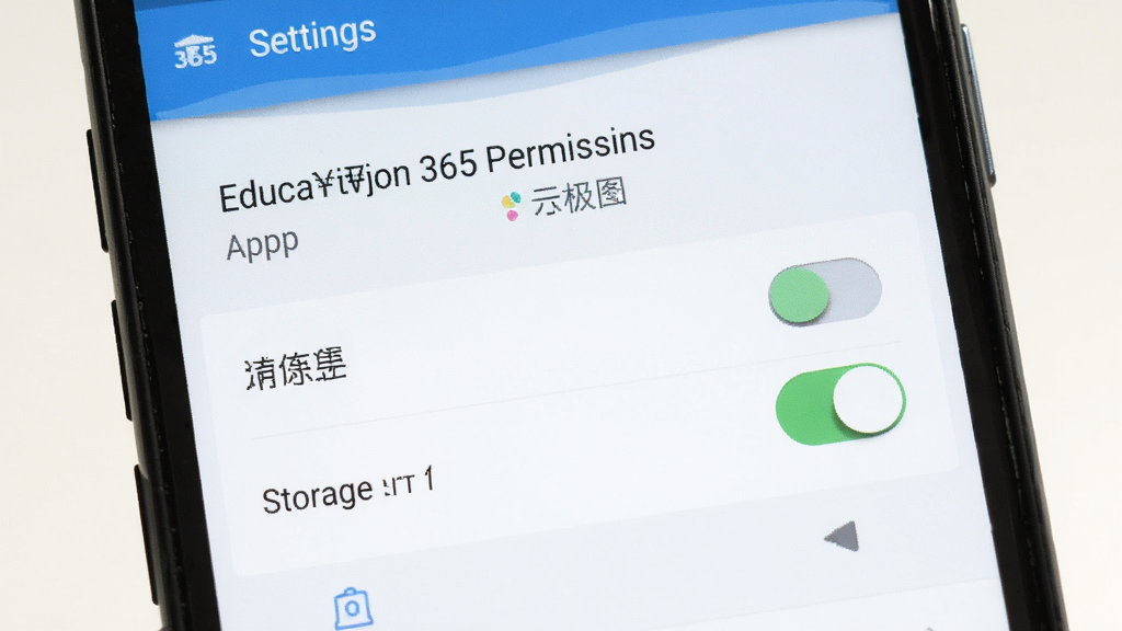 Education 365 安装设置权限界面示意图,手机屏幕显示应用权限管理页面,包含存储与通知开关,背景为浅色系统设置界面,风格简洁,画质清晰,无多余元素
