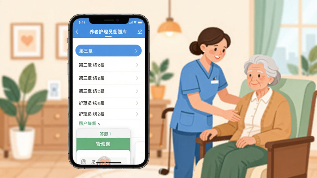 养老护理员超题库APP主界面截图,画面中央展示手机屏幕,屏幕内显示题库练习界面,有章节列表和答题卡,背景为温馨的养老护理场景插画,一位护理员正在帮助老人,整体风格清新扁平化,色彩以蓝白绿为主,干净整洁无多余元素,高清画质