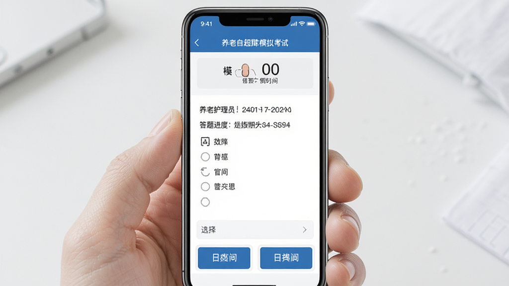 养老护理员超题库模拟考试界面,手机屏幕显示考试倒计时和答题进度,题目为单选题,下方有选项按钮,整体界面风格严谨专业,蓝色主色调,干净无杂乱元素,高清画质