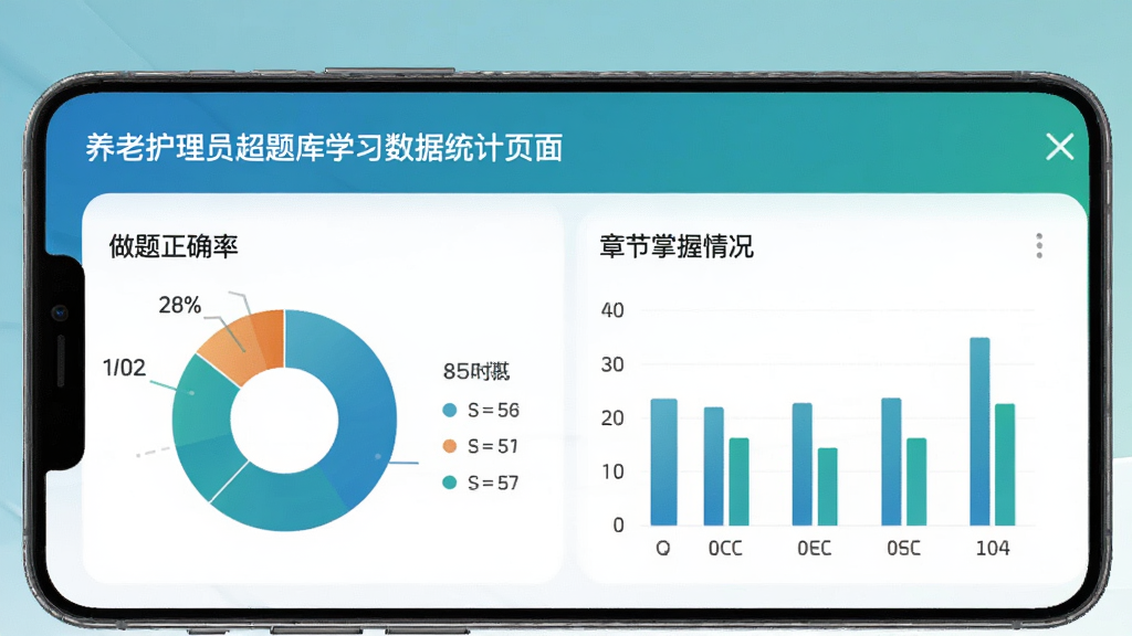 养老护理员超题库学习数据统计页面,手机屏幕显示饼状图和柱状图,展示做题正确率和章节掌握情况,界面风格现代简洁,蓝绿色调,高清干净