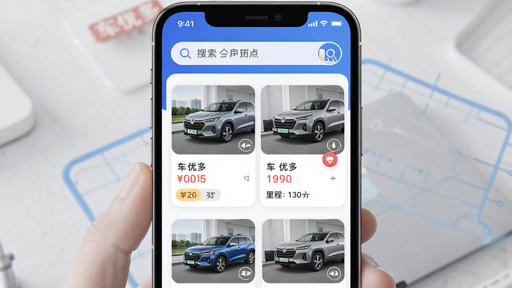车优多APP首页界面展示,主体为手机屏幕,布局为顶部搜索栏与下方车辆列表卡片,排版清晰,风格为现代简约科技风,细节包括车辆缩略图、价格标签、里程信息,画质高清,干净,无多余元素,屏幕中显示文字“车优多”