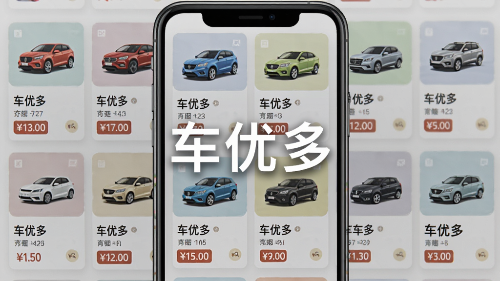车优多海量车源界面,主体为手机屏幕展示多辆汽车卡片,布局为网格状排列,排版整齐,风格为扁平化设计,细节包括不同颜色的车辆图标和价格标签,画质清晰,干净,无多余元素,图片中打文字“车优多”