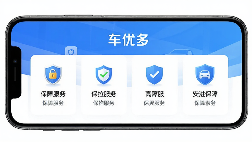 车优多交易保障服务界面,主体为手机屏幕展示保障服务图标,布局为横向排列,排版规整,风格为安全可信风,细节包括盾牌图标和文字说明,画质高清,干净,无多余元素,屏幕中显示文字“车优多”