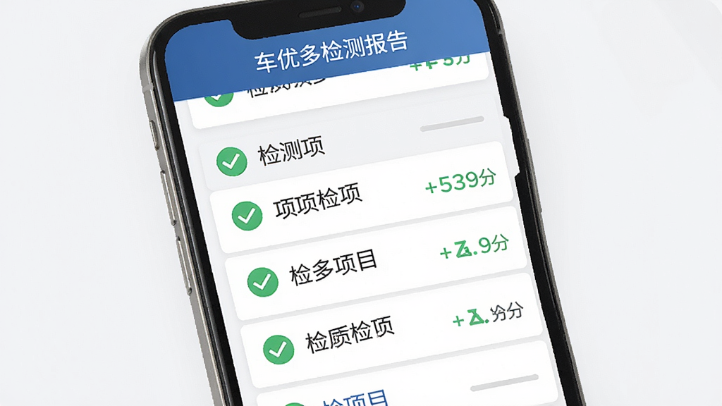 车优多检测报告页面,主体为手机屏幕显示检测项目列表与评分,布局为上下滚动式,排版清晰,风格为商务专业风,细节包括绿色对勾图标和检测项文字,画质高清,干净,无多余元素,屏幕中显示文字“车优多检测报告”