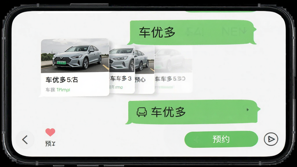 车优多在线沟通界面,主体为手机聊天窗口,布局为左右对话气泡,排版简洁,风格为社交应用风,细节包括车辆信息卡片和预约按钮,画质清晰,干净,无多余元素,图片中打文字“车优多”