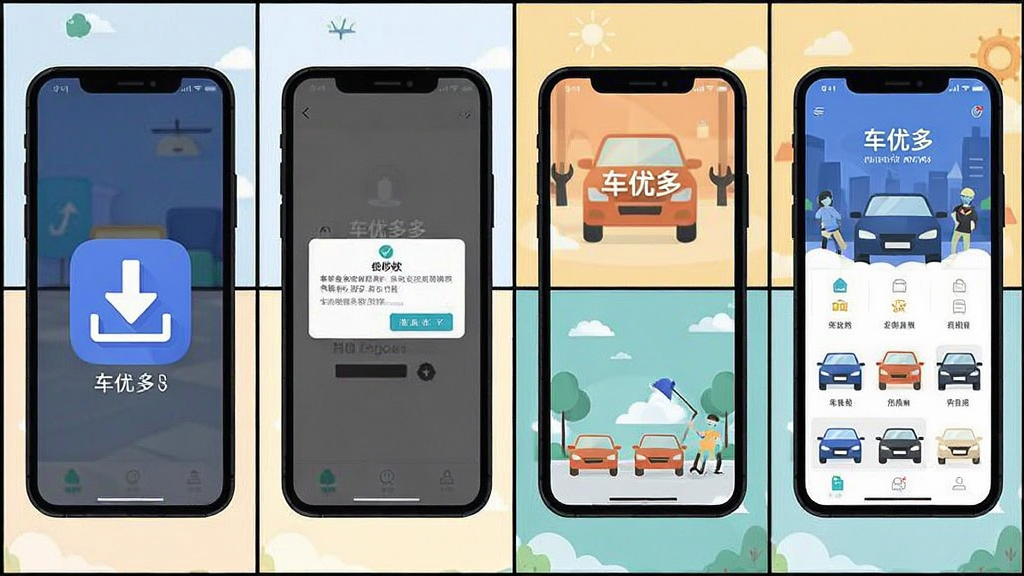 车优多APP使用教程示意图,主体为手机屏幕展示安装步骤,布局为四格漫画式,排版从左到右,风格为扁平插画风,细节包括下载图标、权限弹窗、首页界面,画质清晰,干净,无多余元素,图片中打文字“车优多”