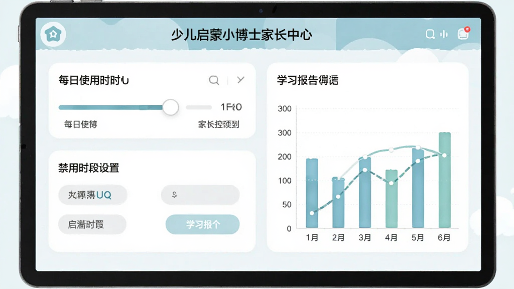 少儿启蒙小博士家长中心设置界面预览图,画面展示一个简洁的家长控制面板,包含每日使用时长滑块、禁用时段设置、学习报告图表等元素,布局规整,风格清新淡雅,细节清晰,画质干净,无多余元素