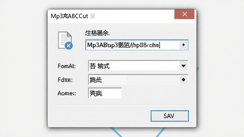 一张软件功能展示图,主体为Mp3ABCut(mp3剪切器)的保存输出对话框,布局中央是文件保存路径选择与格式选项,排版简洁,风格为Windows系统对话框风格,细节包括文件图标、格式下拉菜单、保存按钮,画质清晰,干净,无多余元素