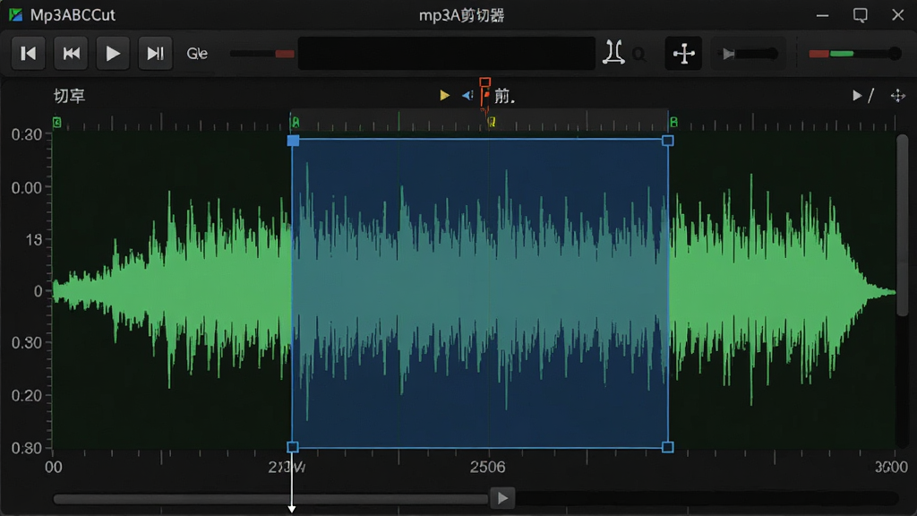 一张音频波形编辑界面图,主体是Mp3ABCut(mp3剪切器)的波形显示区域,布局中央为绿色音频波形与蓝色选区高亮,排版上方有播放控制按钮和剪切标记,风格为数字音频工作站界面风格,细节包括时间刻度、选区边界线、播放指针,画质清晰,干净,无多余元素