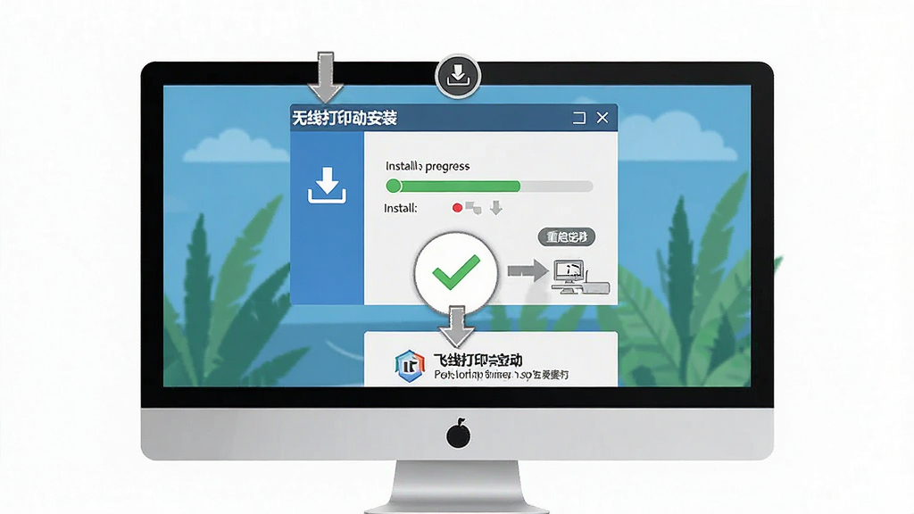 一张展示飞印无线打印机驱动安装步骤的流程图,主体是电脑屏幕显示安装向导界面,布局为从上到下四个步骤依次排列,排版简洁明了,风格为扁平化教程风,细节包括下载图标、安装进度条、完成对勾、重启提示,画质高清干净无多余元素