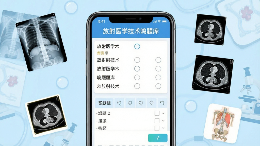 主体为一部智能手机屏幕展示放射医学技术鸣题库APP的刷题界面,屏幕上方显示软件名称“放射医学技术鸣题库”,界面内有放射医学选择题与答题卡布局,背景为淡蓝色医学风格,周围漂浮X光片、CT影像、骨骼解剖图等医学元素图标,整体采用扁平化UI设计风格,色彩干净明亮,画质清晰,无多余杂乱元素