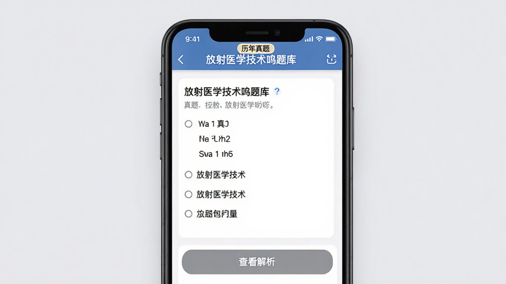手机屏幕展示“放射医学技术鸣题库”真题练习界面,屏幕中显示一道放射医学技术选择题与四个选项,下方有“查看解析”按钮,屏幕上方标注“历年真题”标签,背景为浅灰色,画面简洁干净,画质清晰,无多余装饰