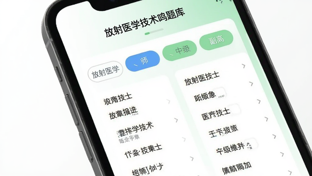 主体为一部手机屏幕显示“放射医学技术鸣题库”软件界面,屏幕中央展示放射医学技术士、师、中级、副高四个层级的选项卡切换按钮,每个层级下方排列章节列表,背景为白色与浅绿色渐变,界面干净整洁,画质清晰,无多余元素
