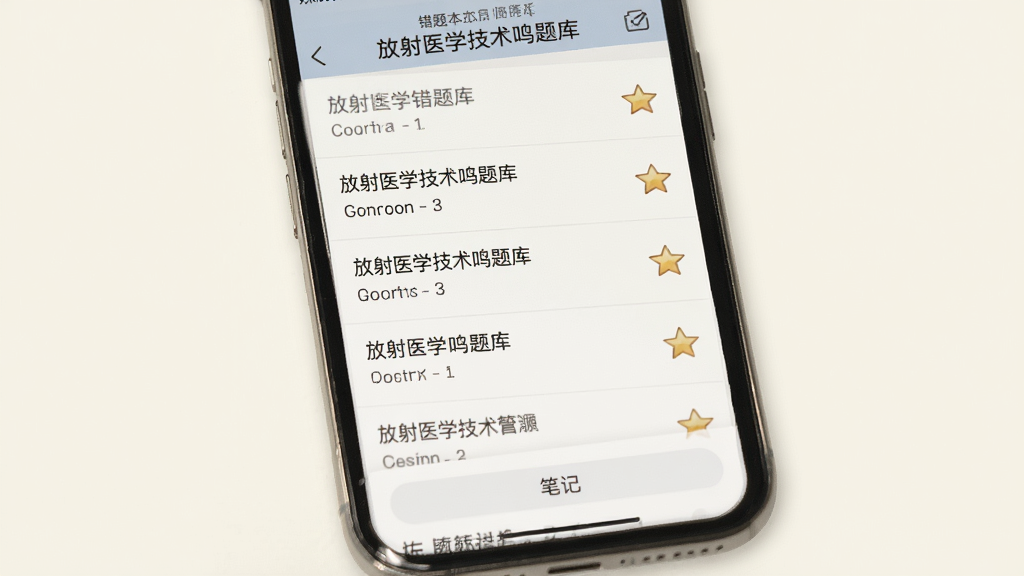 手机屏幕展示“放射医学技术鸣题库”错题本界面,屏幕中列出多道错题条目,每条右侧有收藏星标图标,屏幕下方有“笔记”按钮,背景为米白色,界面清爽,画质清晰,无多余元素