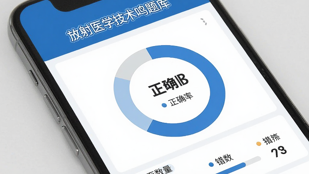 手机屏幕展示“放射医学技术鸣题库”模拟考试成绩报告页面,屏幕中显示分数环形图、正确率百分比、错题数量统计等数据,界面配色为蓝白商务风格,画质清晰,布局规整,无多余元素