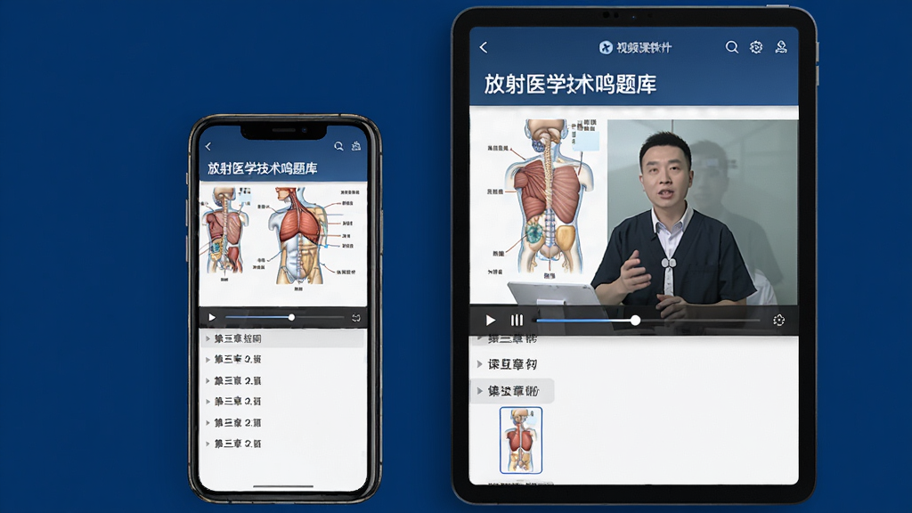 手机与平板并排展示“放射医学技术鸣题库”视频课件播放界面,屏幕中显示放射医学解剖图谱与讲师讲解画面,界面有播放进度条与章节列表,背景为深蓝色,画质清晰,风格专业,无多余元素