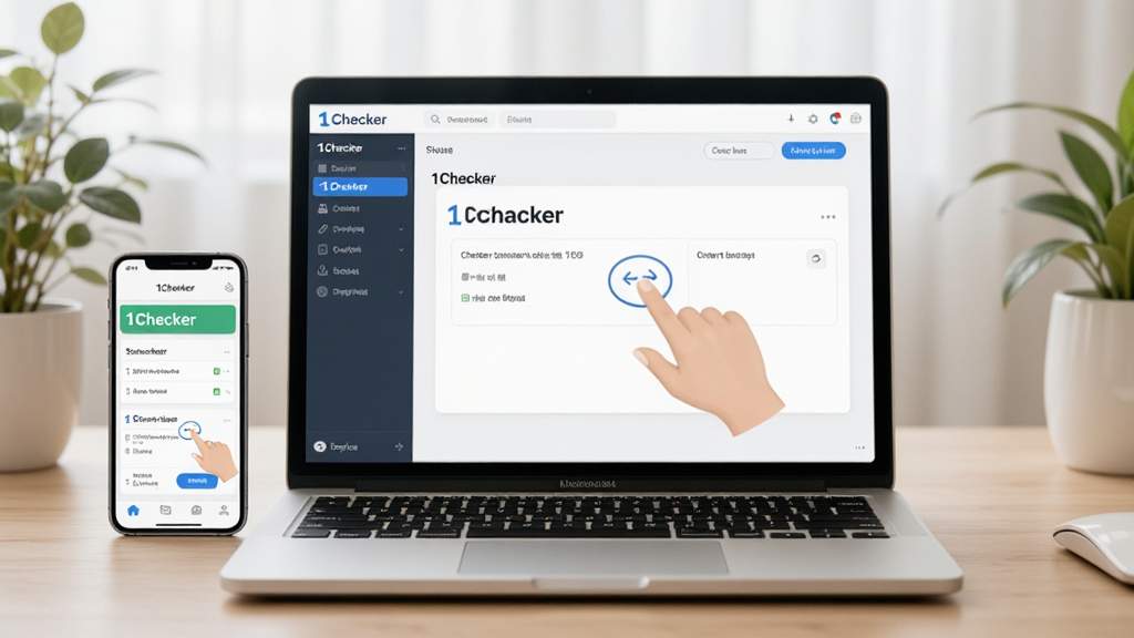 һ��չʾ1Checker����ʹ�ó�����ͼƬ������������һ̨�ʼǱ����Ժ�һ���ֻ����Űڷţ�������Ļ��ʾ1Checker�������棬�ֻ���Ļ��ʾ�ƶ��˼��ҳ�档����Ϊ���ҶԱ��Ű棬���Ϊ��������磬ϸ�ڰ����������桢�������ơ�����������������ɾ����޶���Ԫ�ء�
