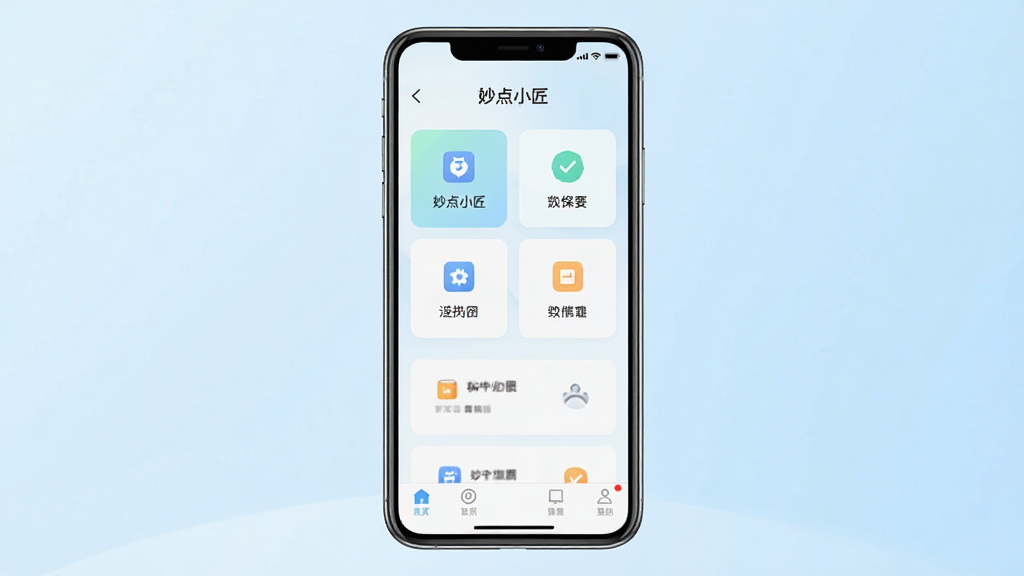 一张展示妙点小匠软件主界面的手机效果图,画面中央是一部竖屏智能手机,屏幕内显示妙点小匠应用首页,界面采用浅色清新风格,顶部有软件名称“妙点小匠”,中部排列功能图标卡片,底部为导航栏,背景为淡蓝色渐变,整体布局简洁干净,画质清晰,无多余元素