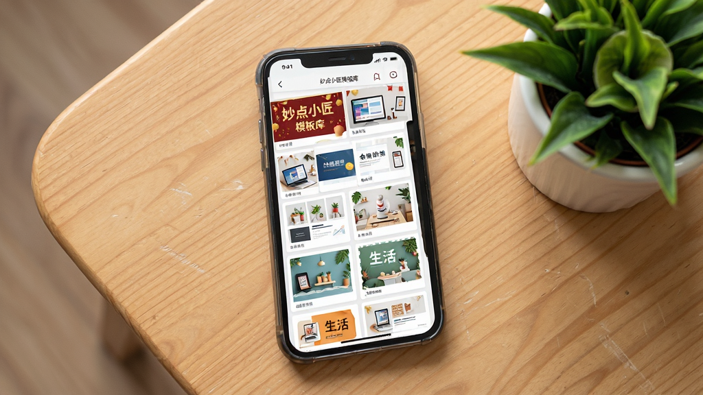 手机屏幕展示妙点小匠模板库页面,画面中网格状排列着多款不同风格的模板缩略图,有节日主题、商务主题、生活主题等,色彩丰富但排列有序,手机放置在一张木质桌面上,旁边有绿植点缀,画质高清,画面干净整洁