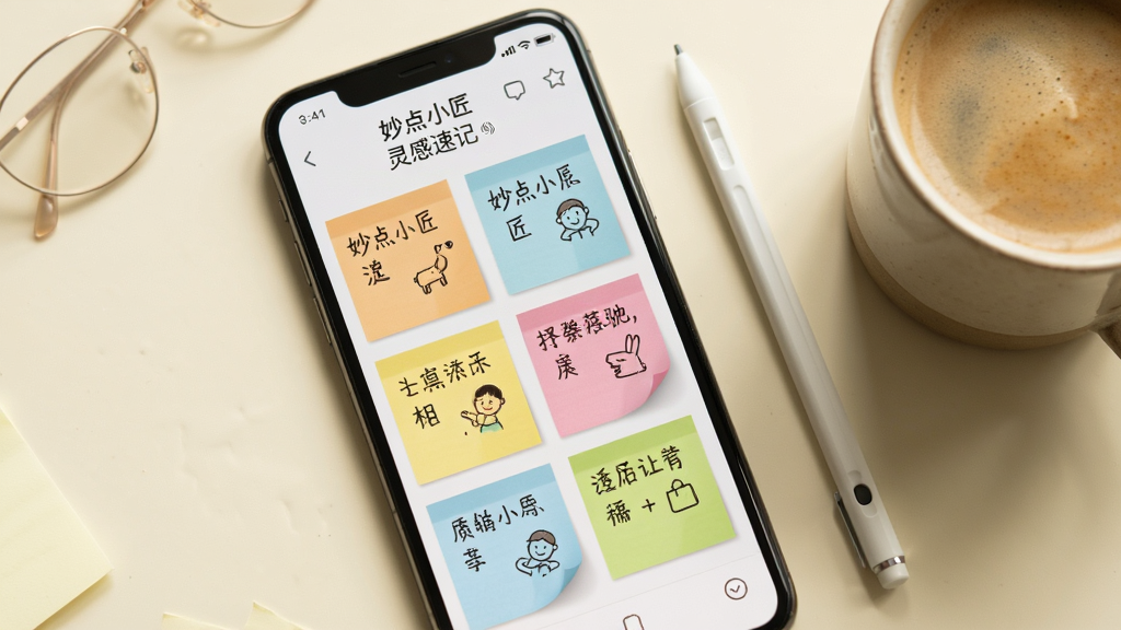 一部手机屏幕显示妙点小匠灵感速记界面,画面中有彩色便签卡片整齐排列,每张卡片上写有简短文字和手绘小图标,背景为柔和的米白色,手机旁边放置一支触控笔和一杯咖啡,整体风格温馨文艺,画质细腻干净