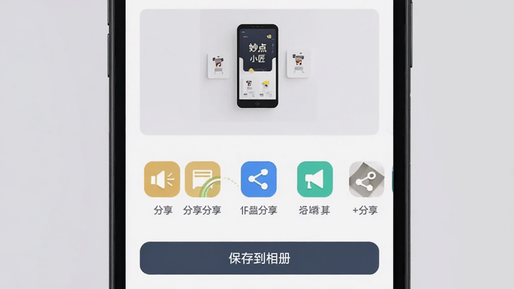一部手机屏幕显示妙点小匠导出分享界面,画面中有多个分享渠道图标横向排列,下方有“保存到相册”按钮,屏幕上方展示一张已完成的设计作品缩略图,整体界面清爽,背景为浅灰色,画质清晰无杂乱元素